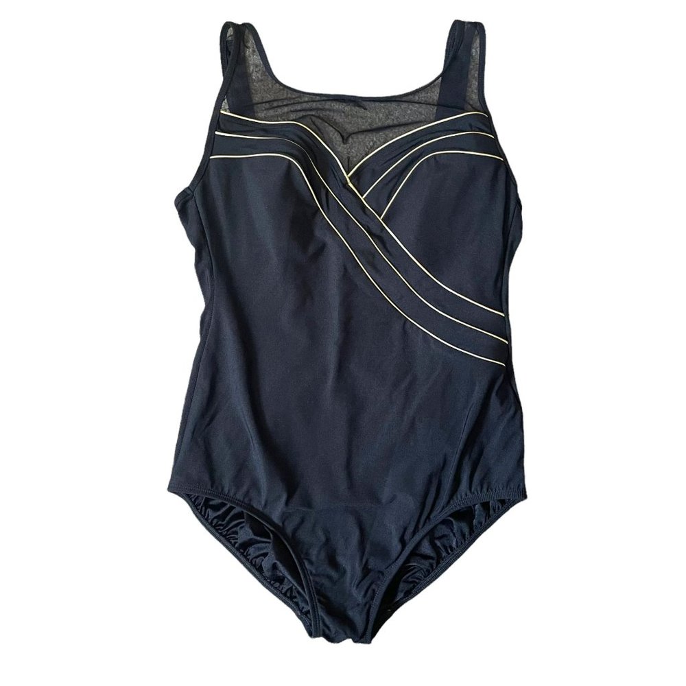Robby Len VTG One Piece Sheer Panel Black Gold Gothic Swimsuit Size Large